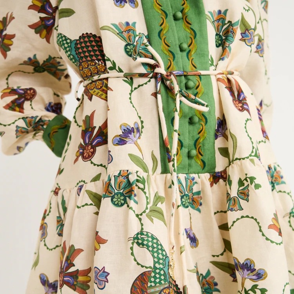 Zimmermann Cream Floral Mini Dress with Green Trim and Tie Waist - Picture 5 of 5